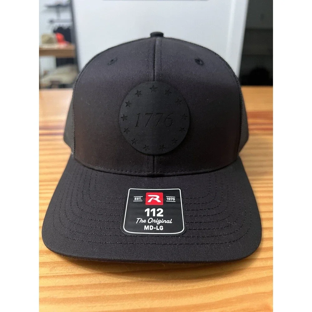 1776 Leather Patch Hat Richardson 112 All Black Size MD-LG NWT America 250 Cap